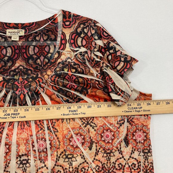 One World size 3X Red Brown Boho Artsy Flutter Sleeve Blouse Vacation Festival - Picture 6 of 9